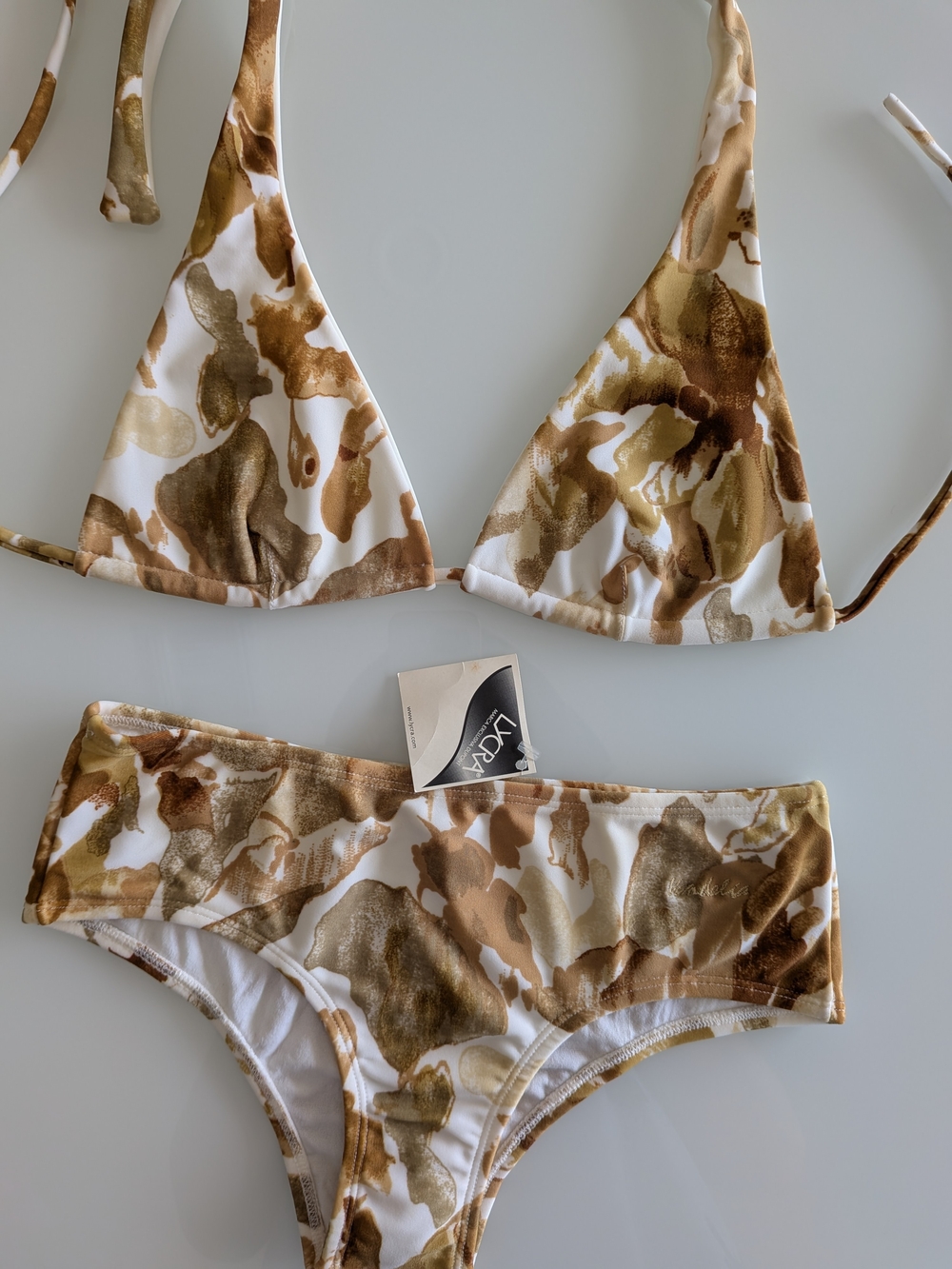 Brown White Abstract Bikini Set Halter Triangle Hipster Swimwear S 2 Pieces NWT